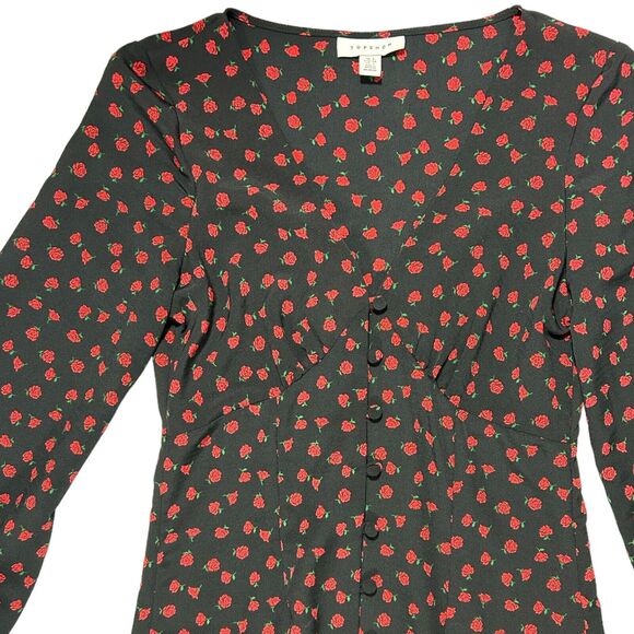 Topshop Women's Black/Red Rosette Print V Neck Long Sleeve Maxi Dress Size 2 - Picture 5 of 16